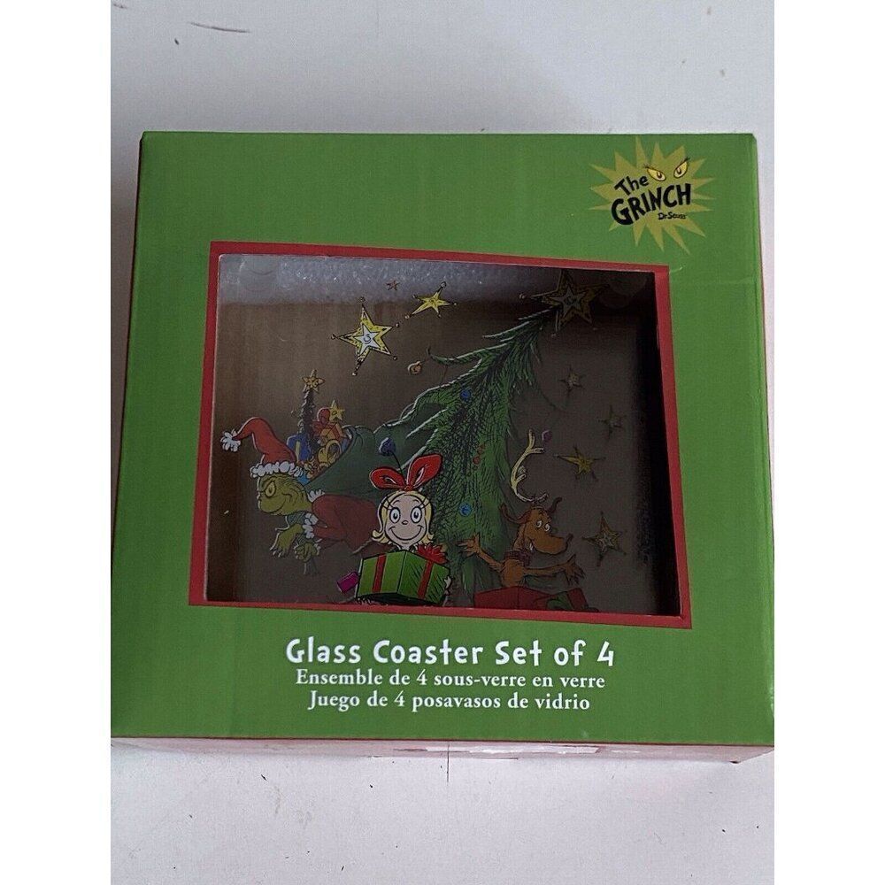 Set Of 4 Dr. Seuss The Grinch Cindy Lou Stole Max Christmas Glass Coasters NEW